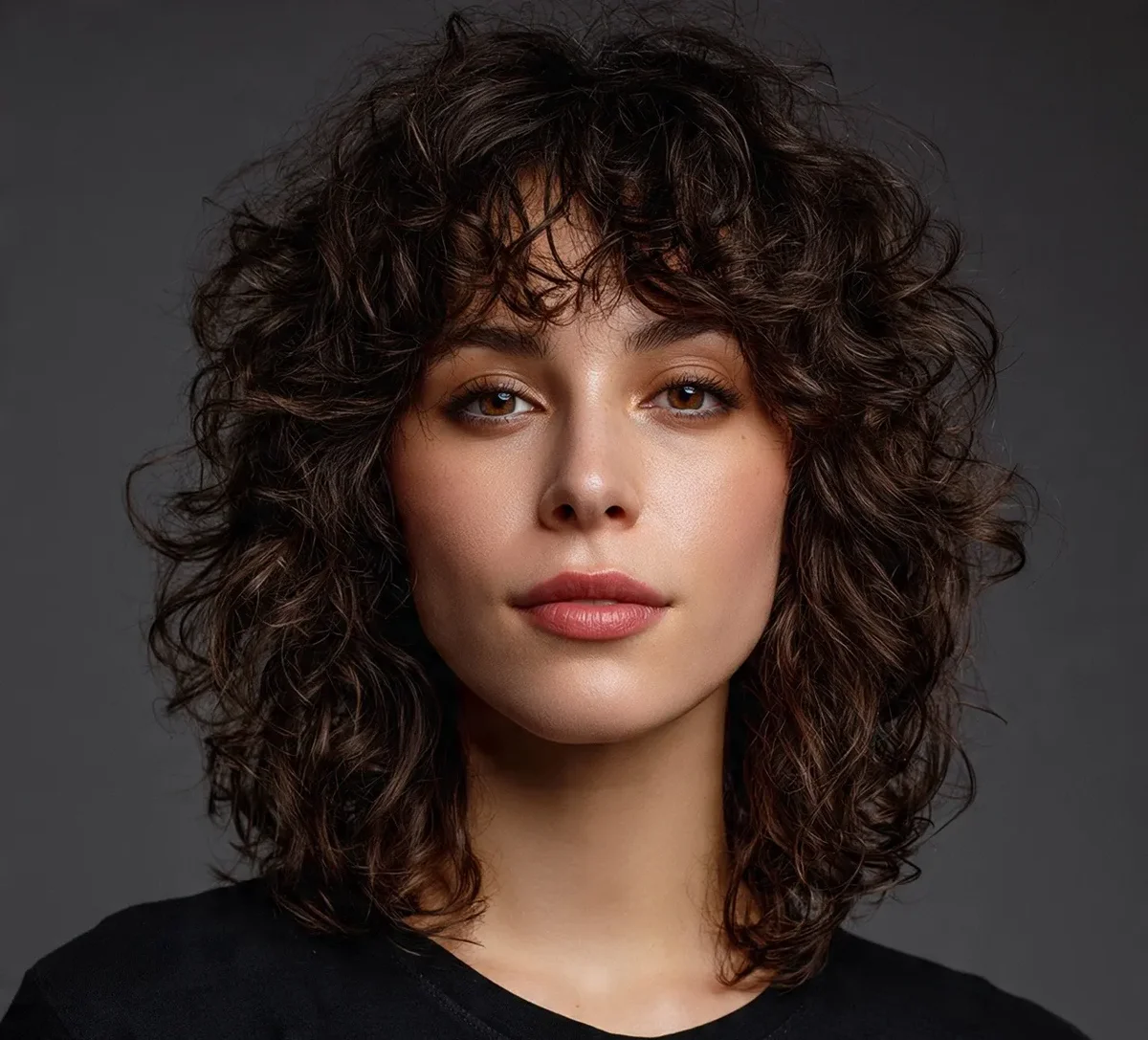 Woman with curtain bangs and curly hair