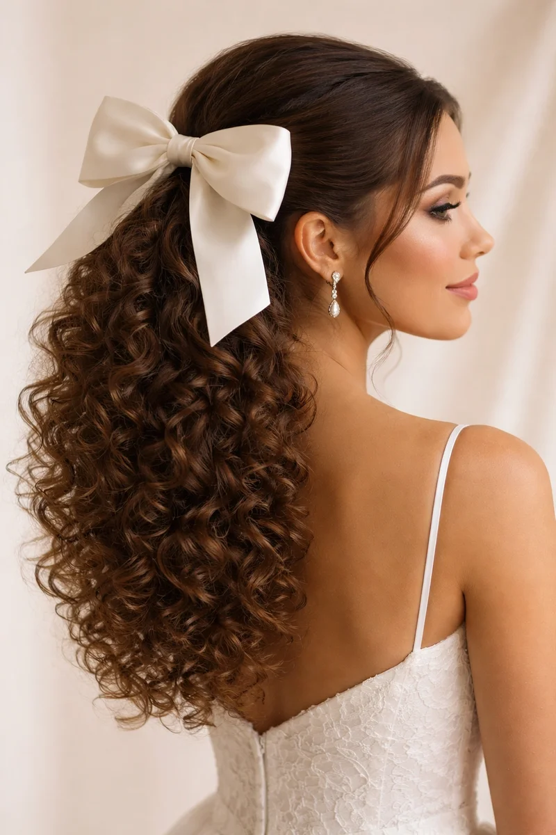 Woman with a ribbon bow in curly hair