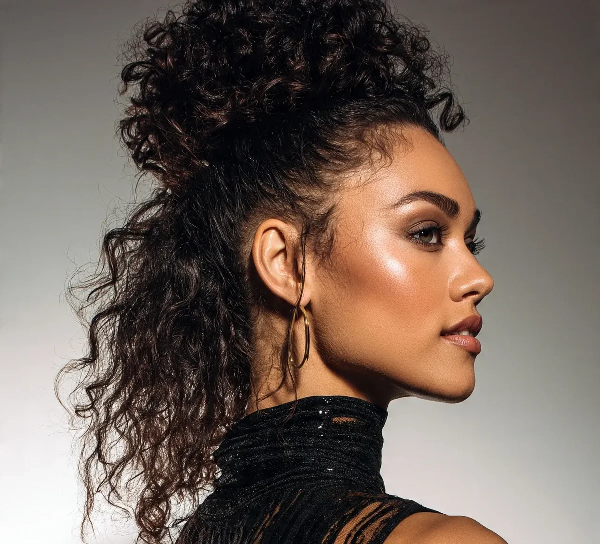Woman with slicked back roots and curly lengths