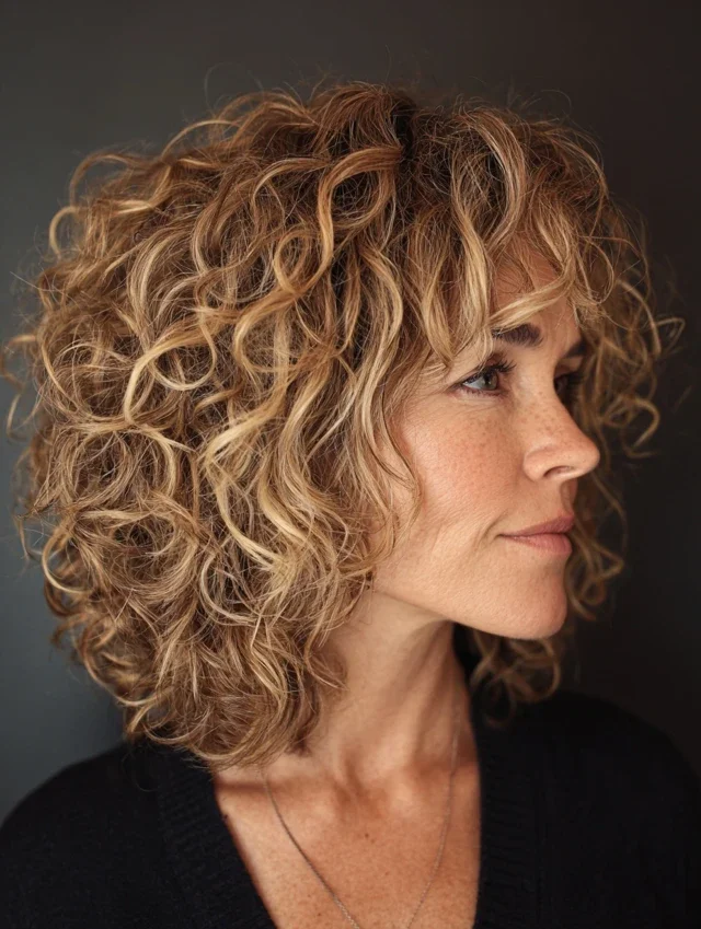 Woman with a curly lob haircut