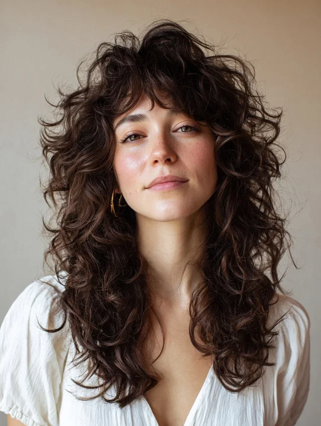 Woman with face framing layers in curly hair