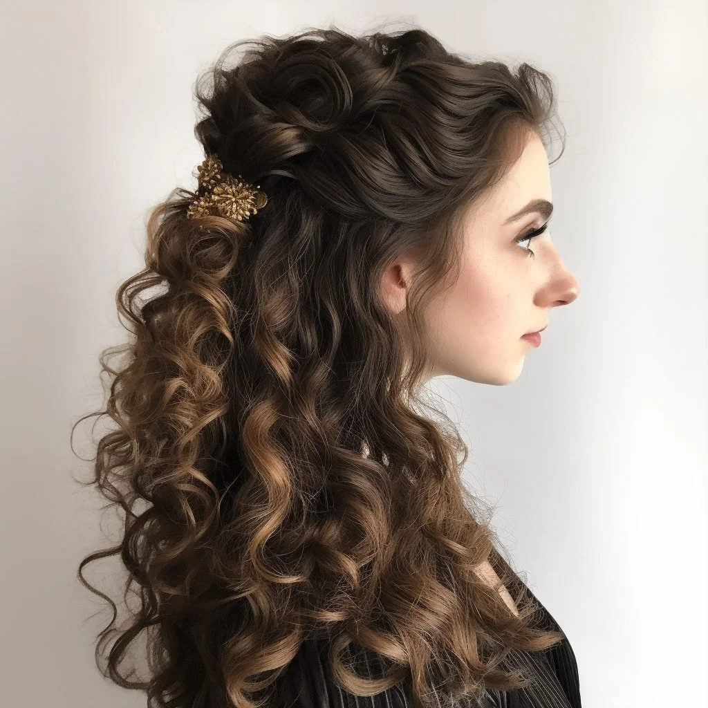 Woman with a half up twist in curly hair
