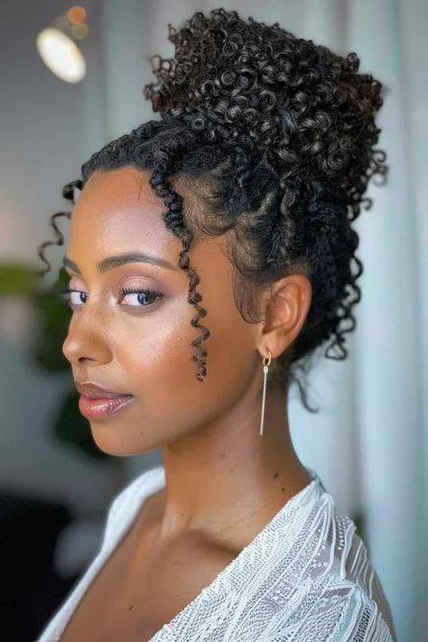 Woman with a pineapple puff in curly hair