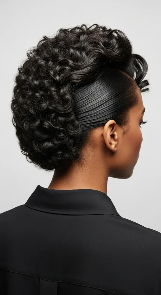 Woman with a sleek side part and curls