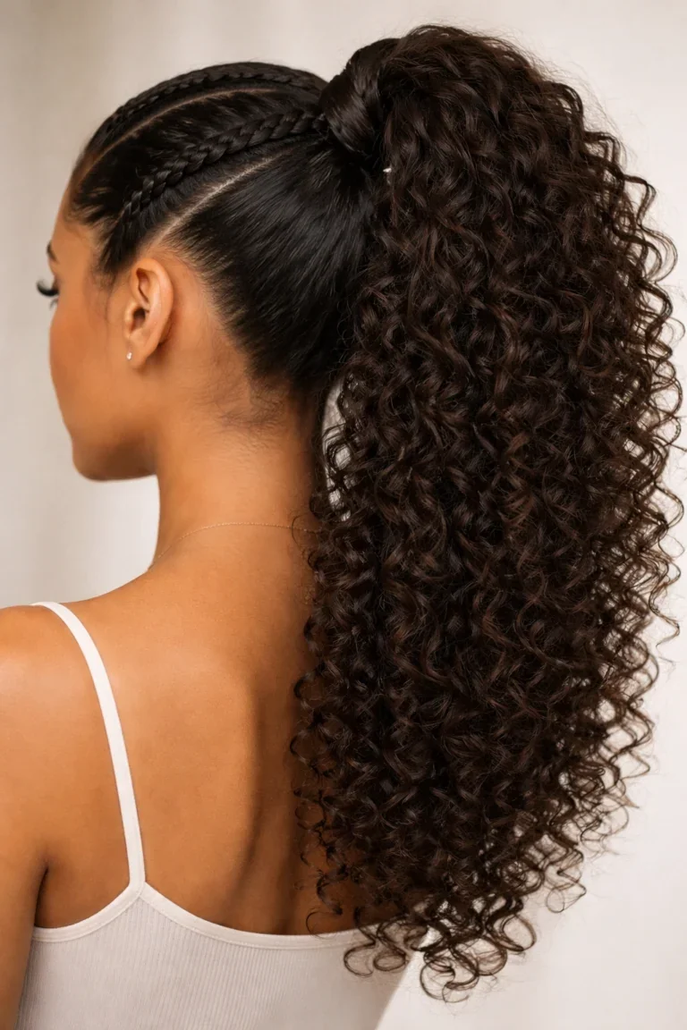 Woman with a braided base curly ponytail