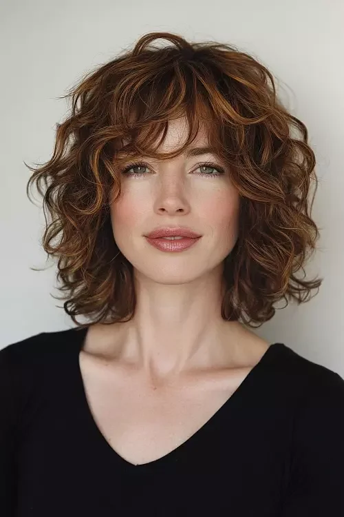 Woman with curly fringe and bangs
