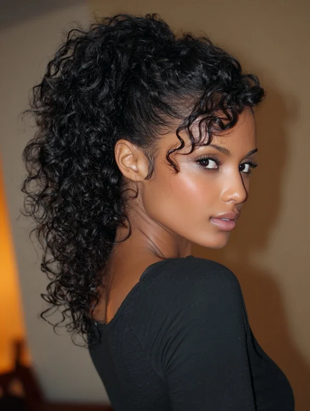 Woman with side swept curly hair