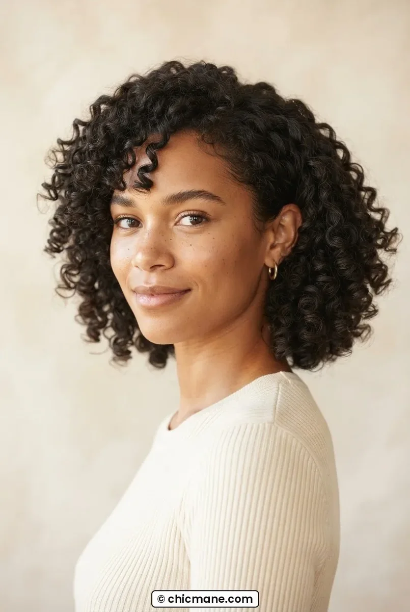 Woman with chin length curly hair