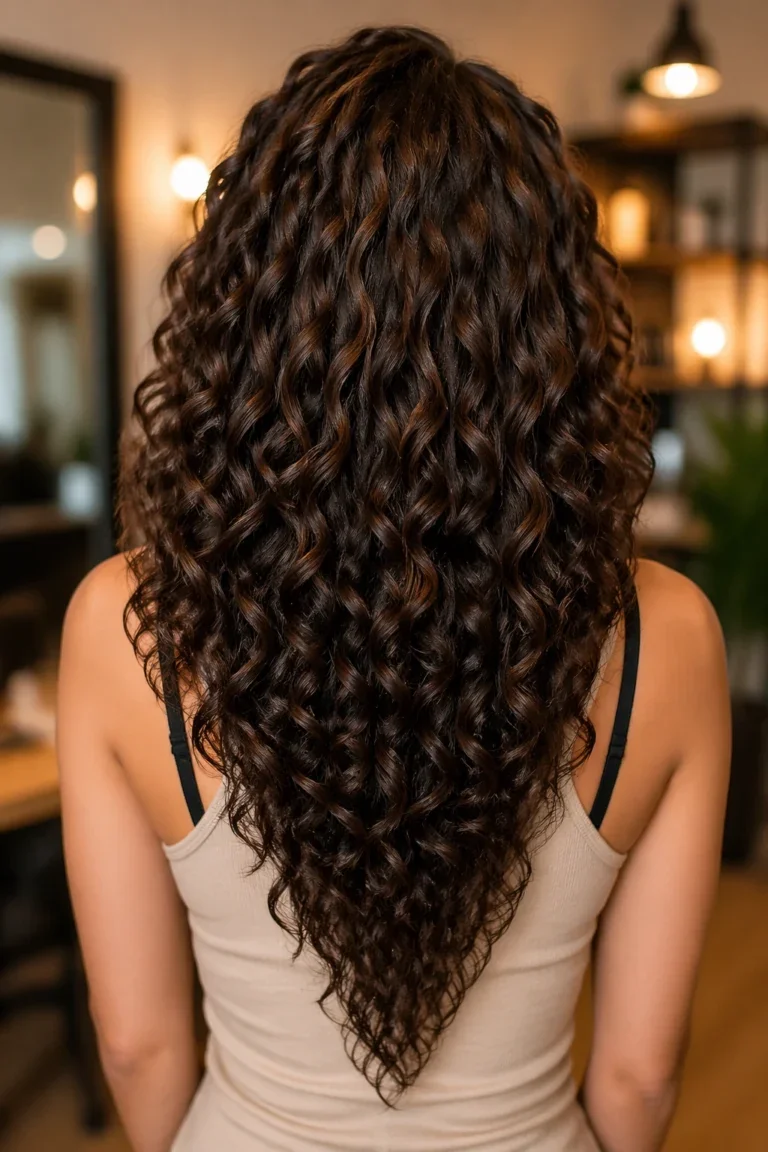 Woman with layered springy curls from behind