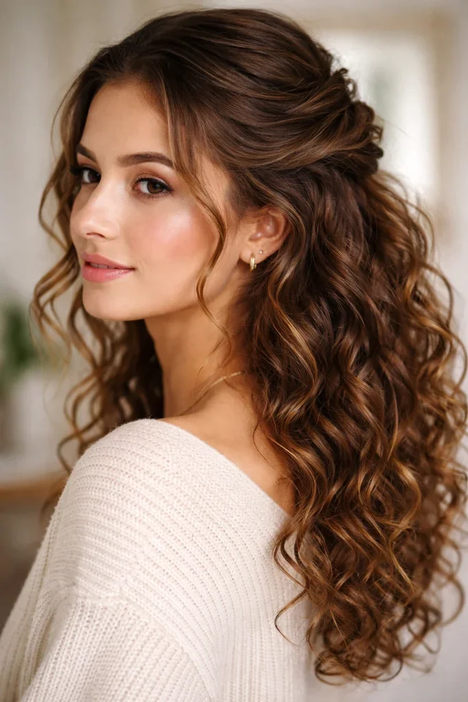 Woman with a half-up twist in curly hair