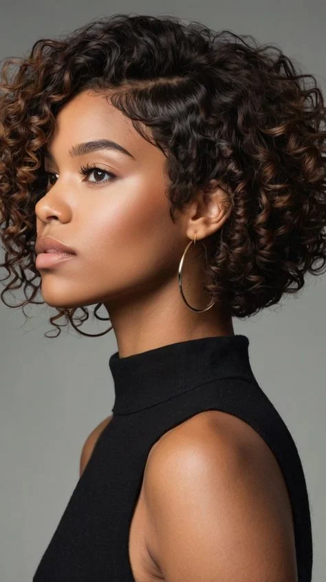 Curly bob with sleek middle part