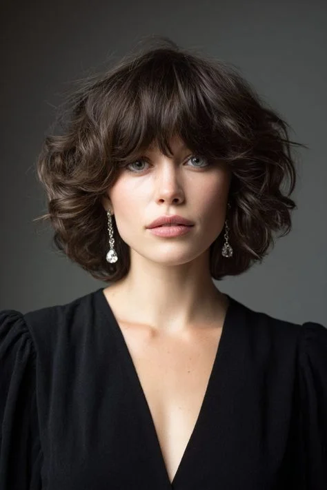 Curly bob with curtain bangs