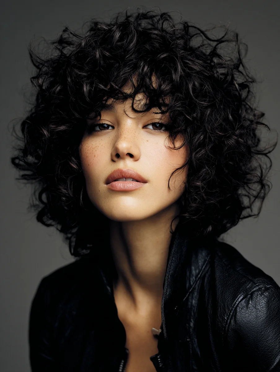 Woman with baby bangs on voluminous curly hair