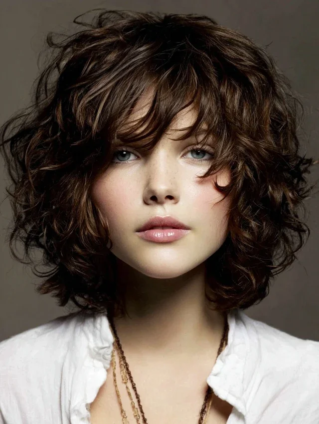 Woman with bob length bangs on curly hair
