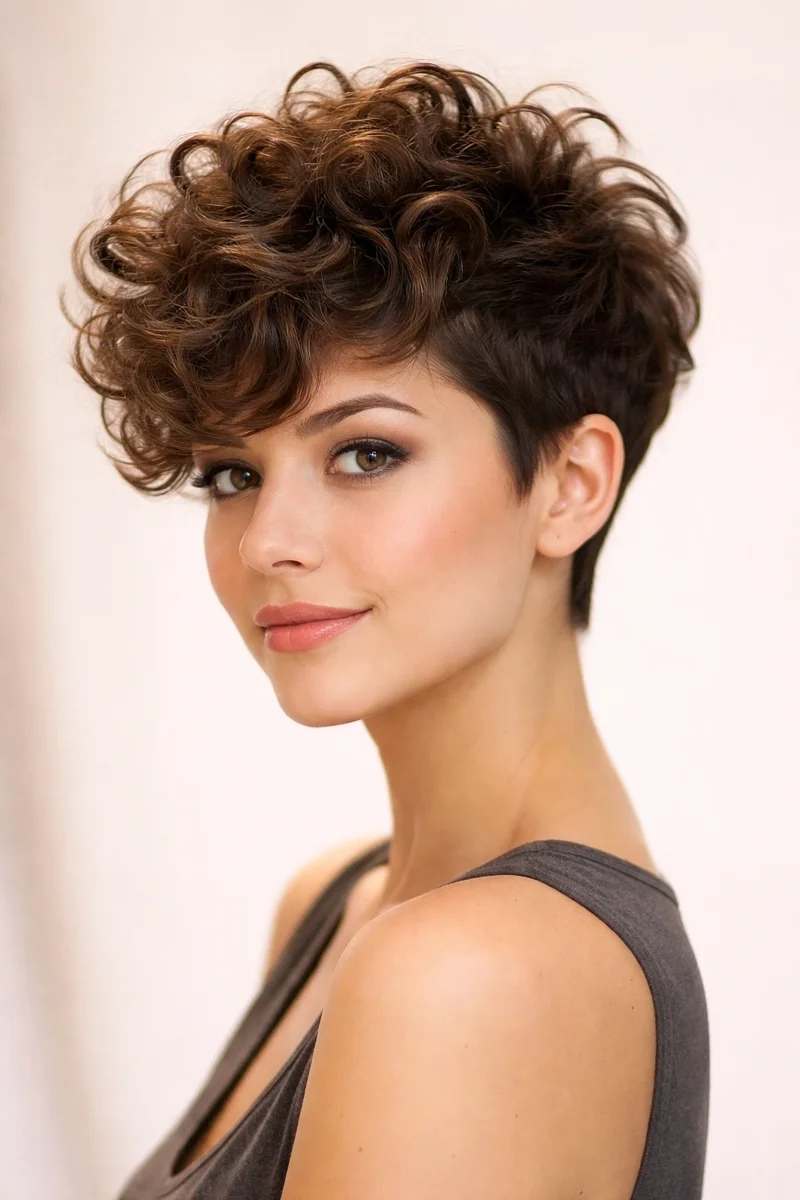 Woman with crown volume bangs on short curly hair