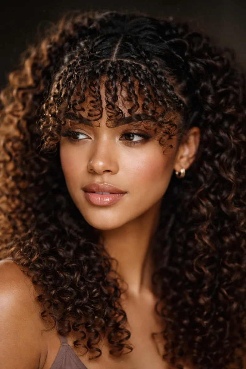 Woman with braided fringe accent in curly hair