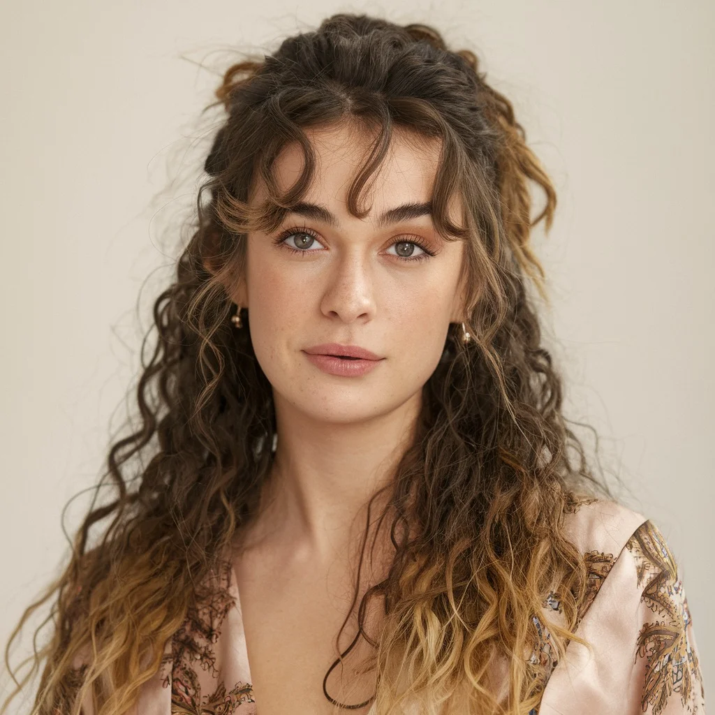 Woman with half-up fringe style in curly hair