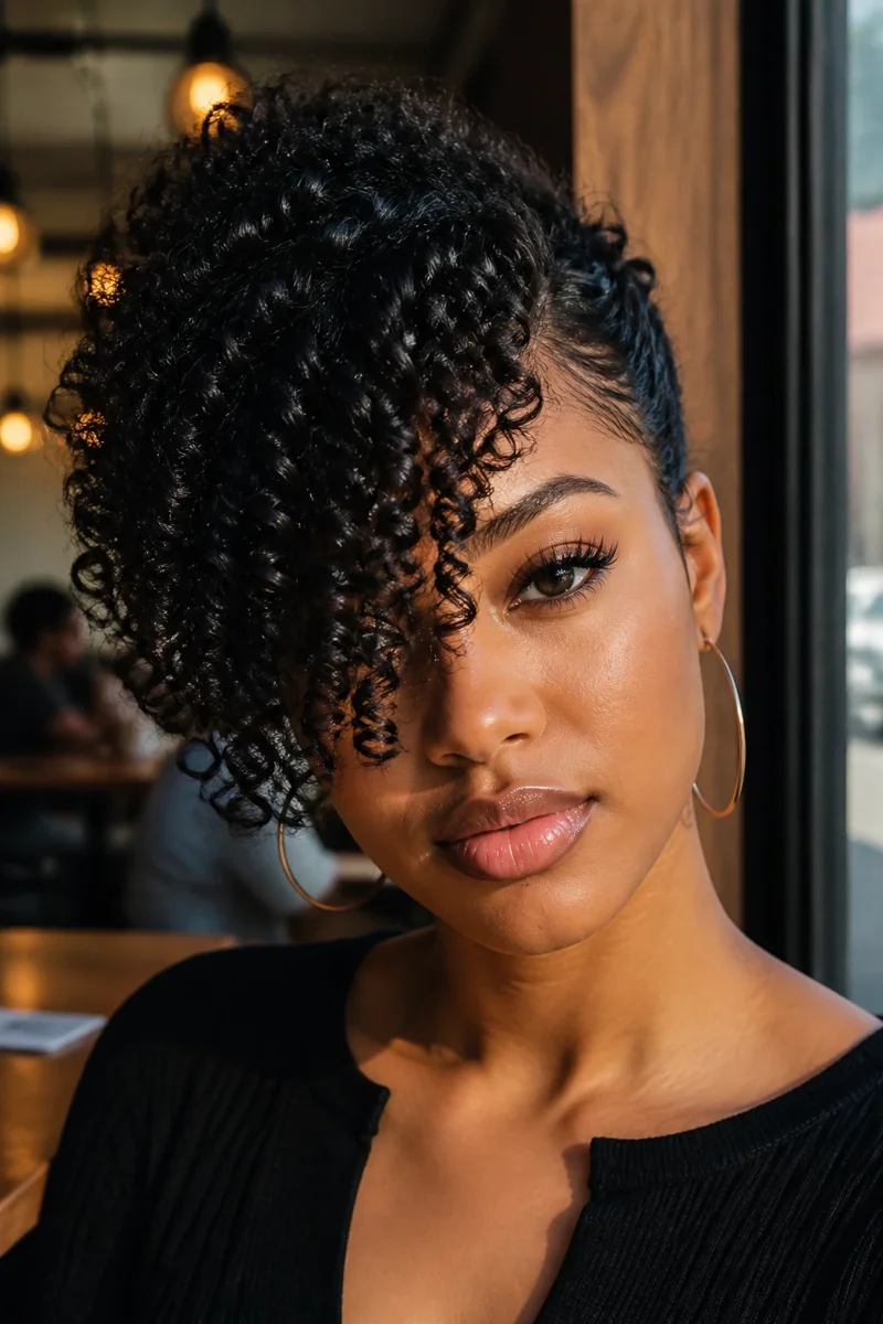 Woman with defined coil bangs