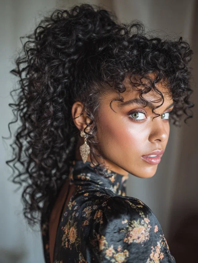 Woman with soft romantic fringe in curly updo