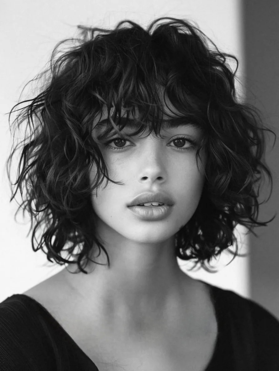 Woman with tousled bedhead bangs on curly bob
