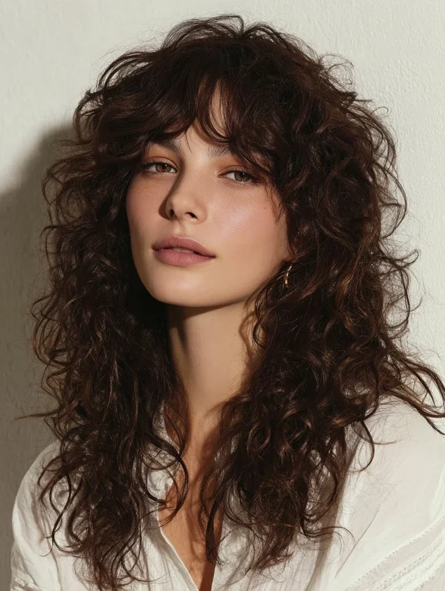 Woman with shaggy fringe layers in curly hair