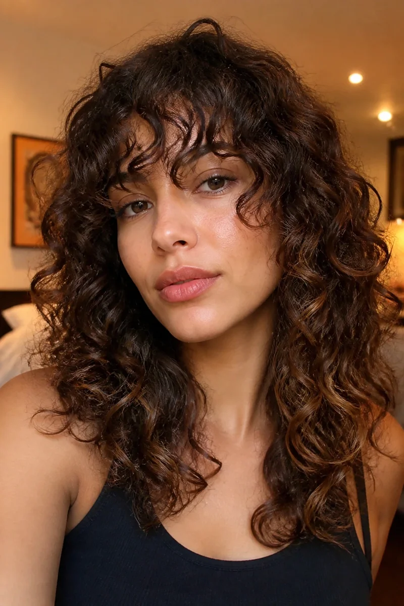 Woman with bottleneck bangs on curly hair