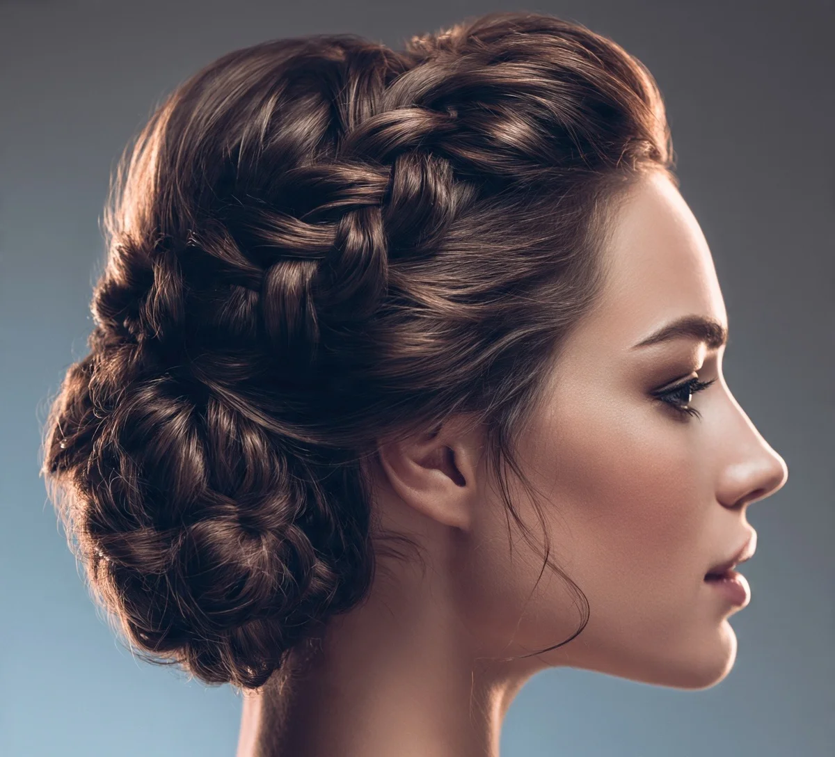 Woman with a braided low curly bun