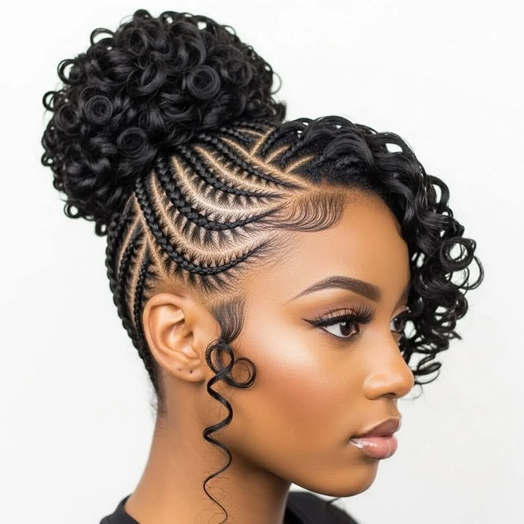 Woman with cornrows leading into a curly top bun