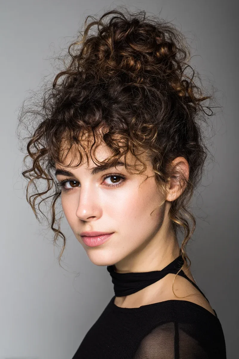Woman with curly bangs and a high bun