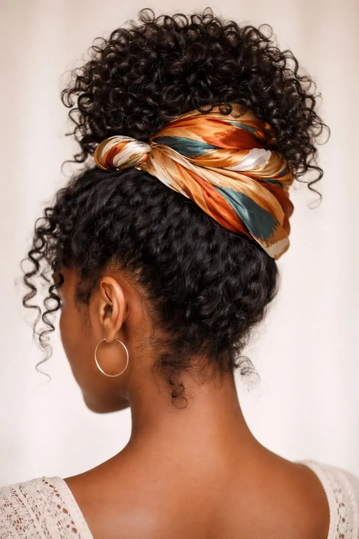 Woman with a silk scarf wrapped around a curly bun