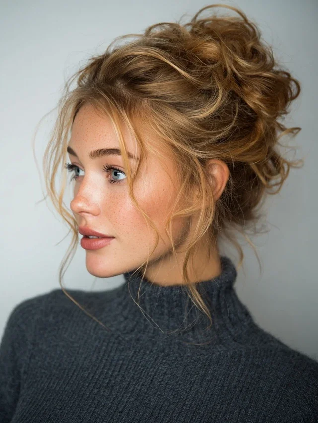 Woman with a tousled messy curly bun