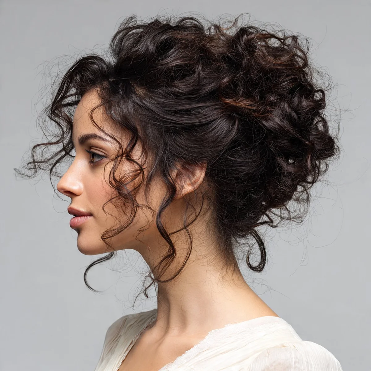 Woman with a low twisted curly chignon