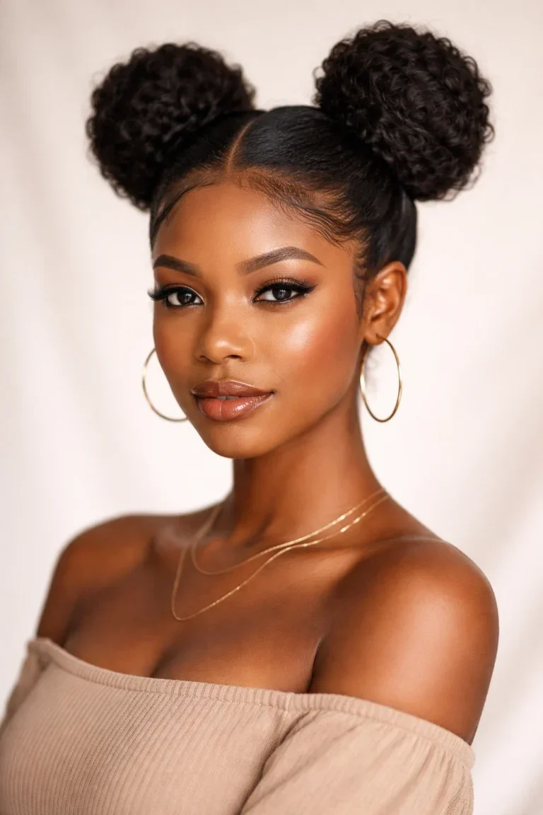 Woman with two curly space buns