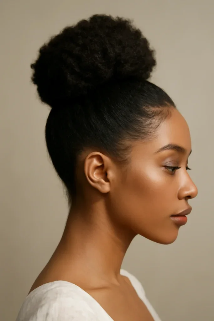 Woman with a sleek high curly bun