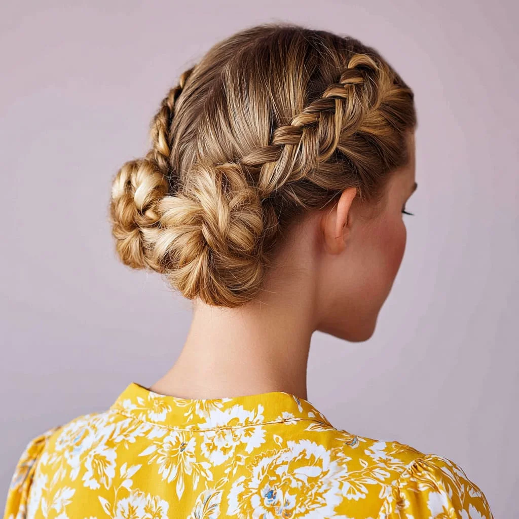 Woman with double dutch braids into buns
