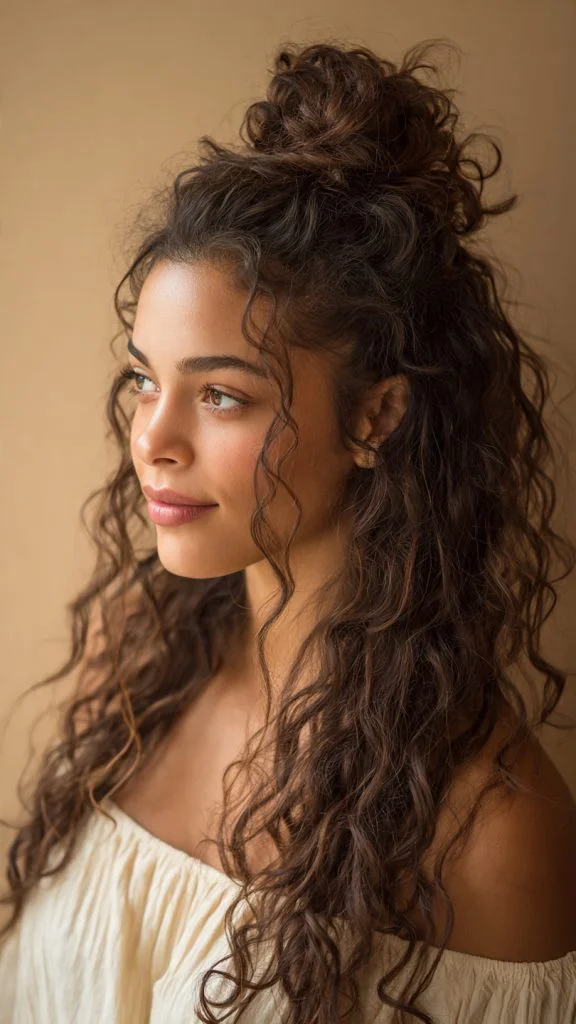 Woman with a curly half-up top knot bun
