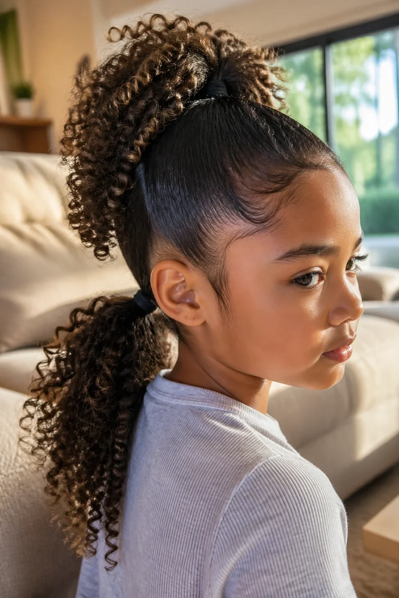 Girl with a bubble braid ponytail in curly hair