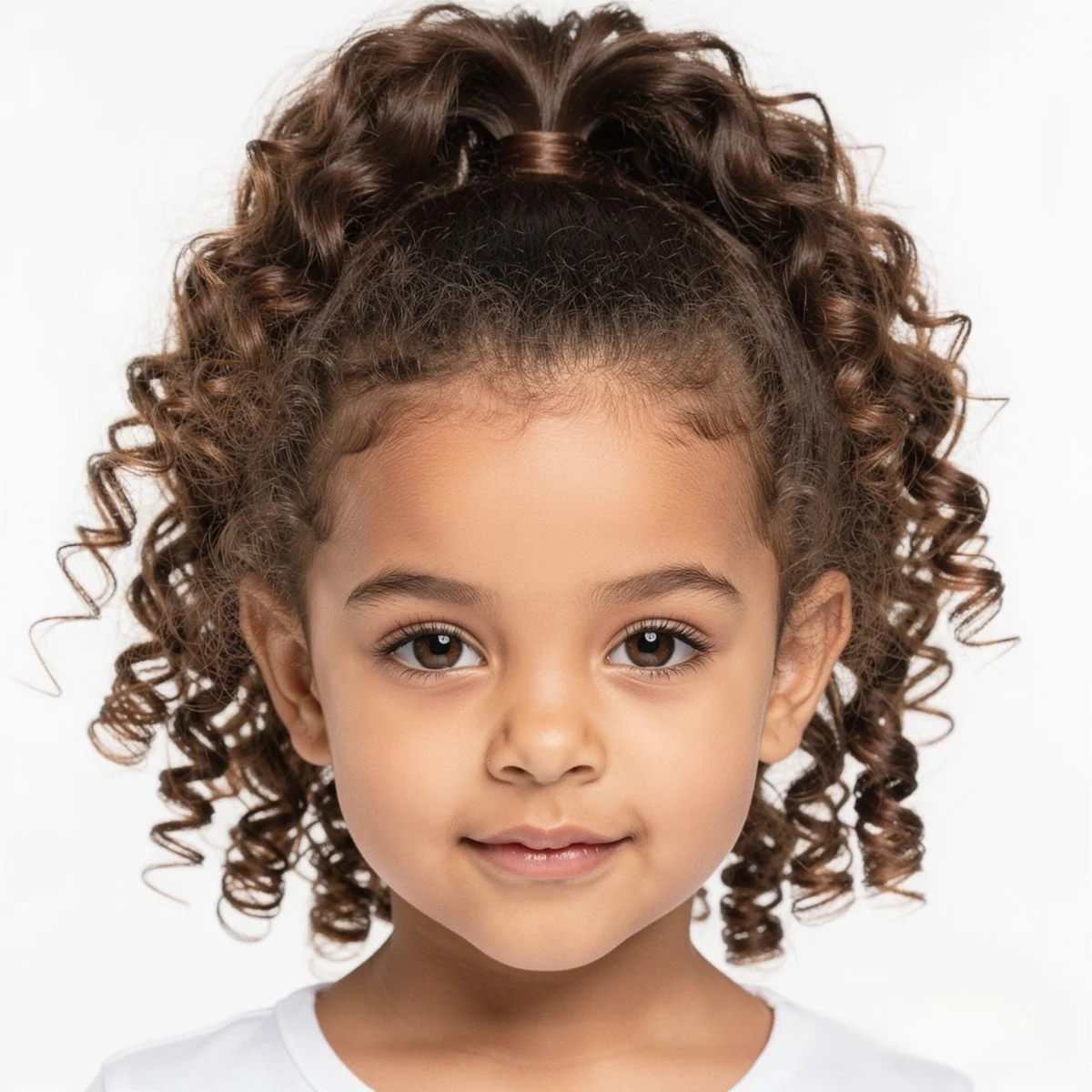 Child with curly bangs and ponytail