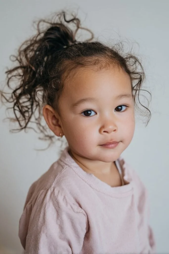 Child with a ribbon tied ponytail