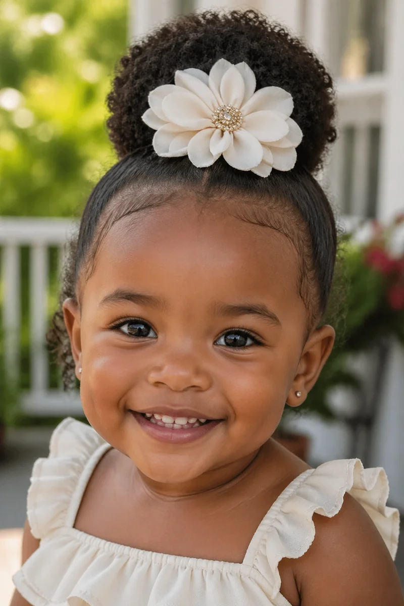 Toddler with an afro puff and flower clip