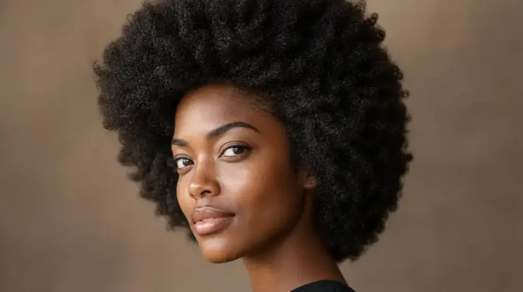 Woman with a middle parted curly afro