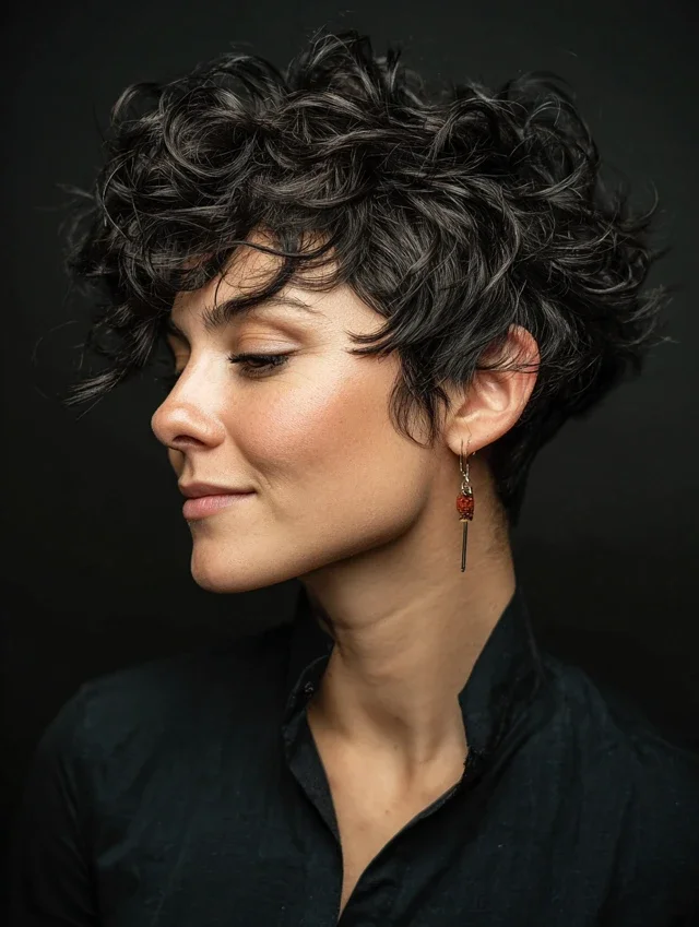 Woman with a curly pixie crop