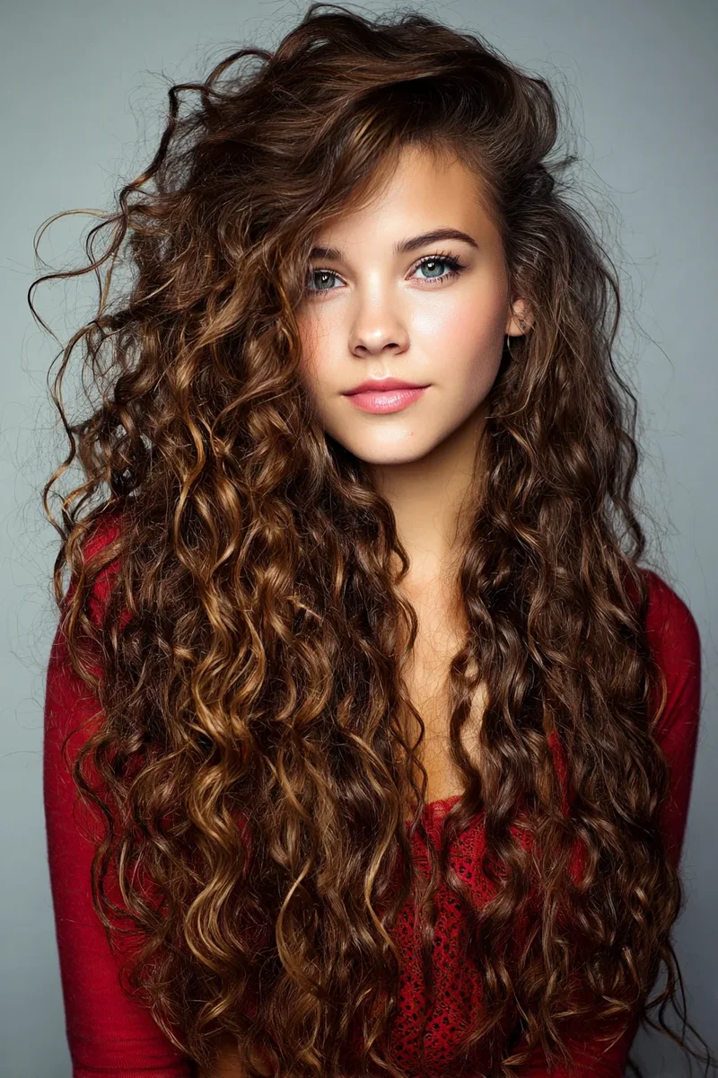 Woman with long loose curly waves