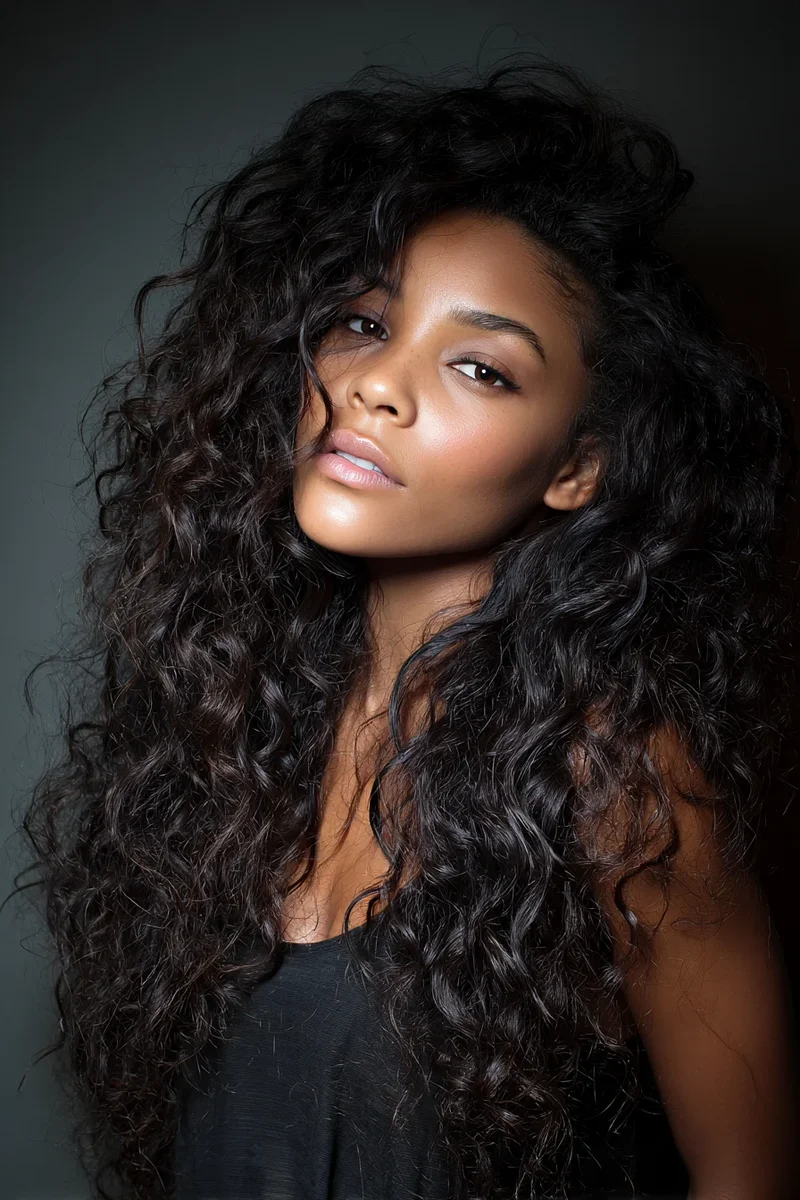 Woman with long layered curly hair