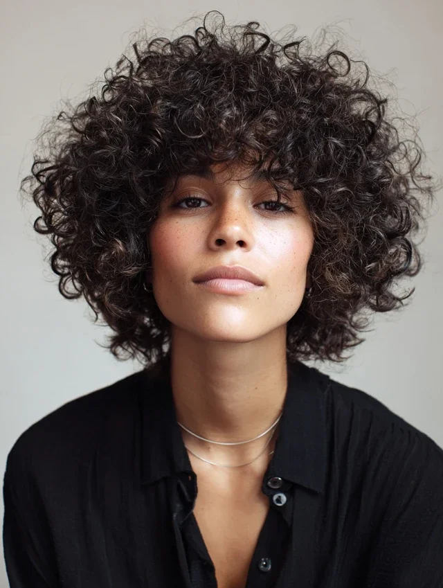 Woman with a curly shag haircut
