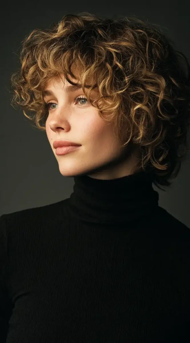 Woman with an asymmetric curly bob