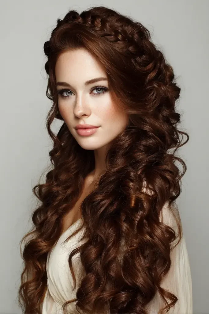Woman with a braided crown accent in curly hair
