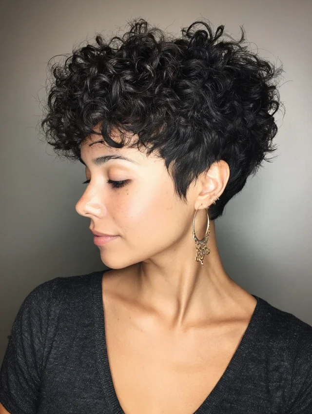 Woman with a tapered curly pixie cut