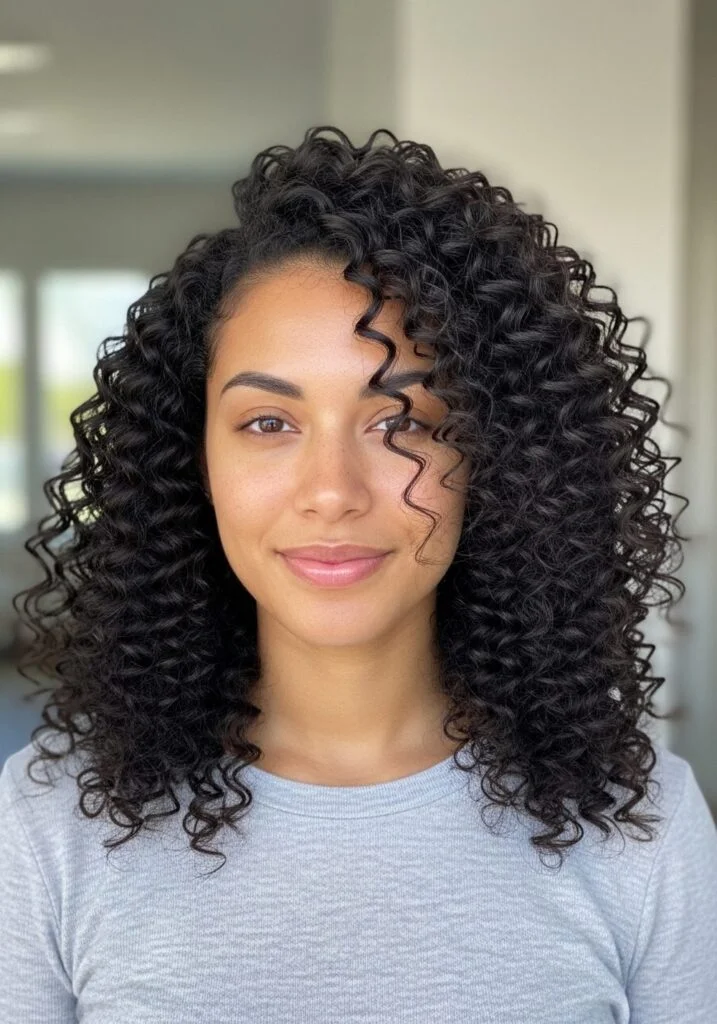 Woman with curly hair in a deep side part