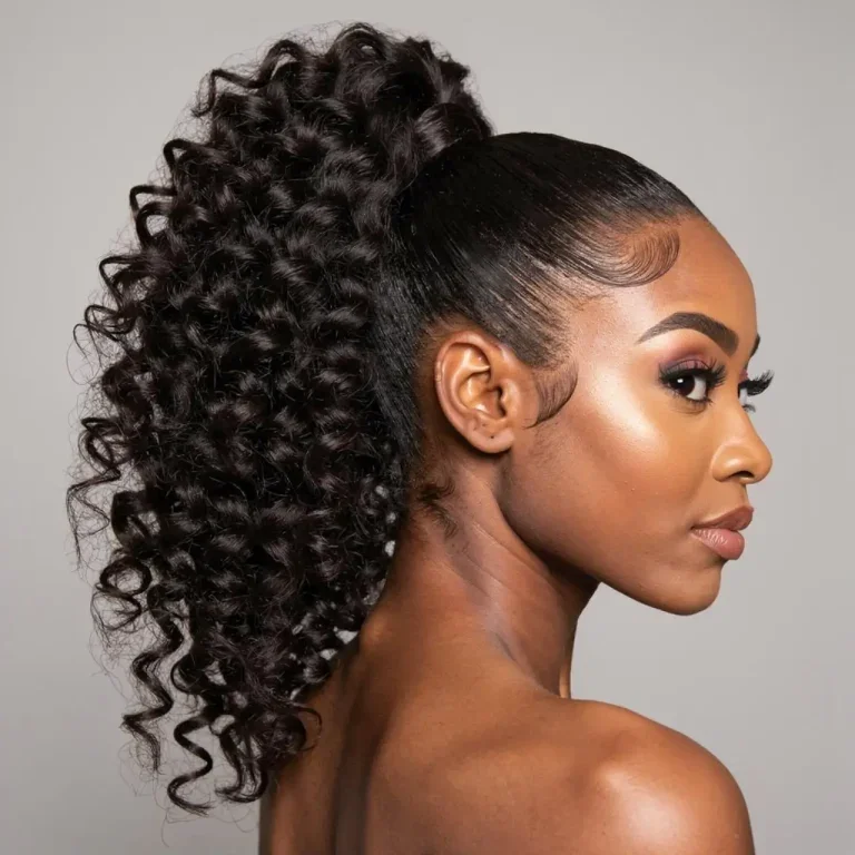 Woman with a high curly ponytail